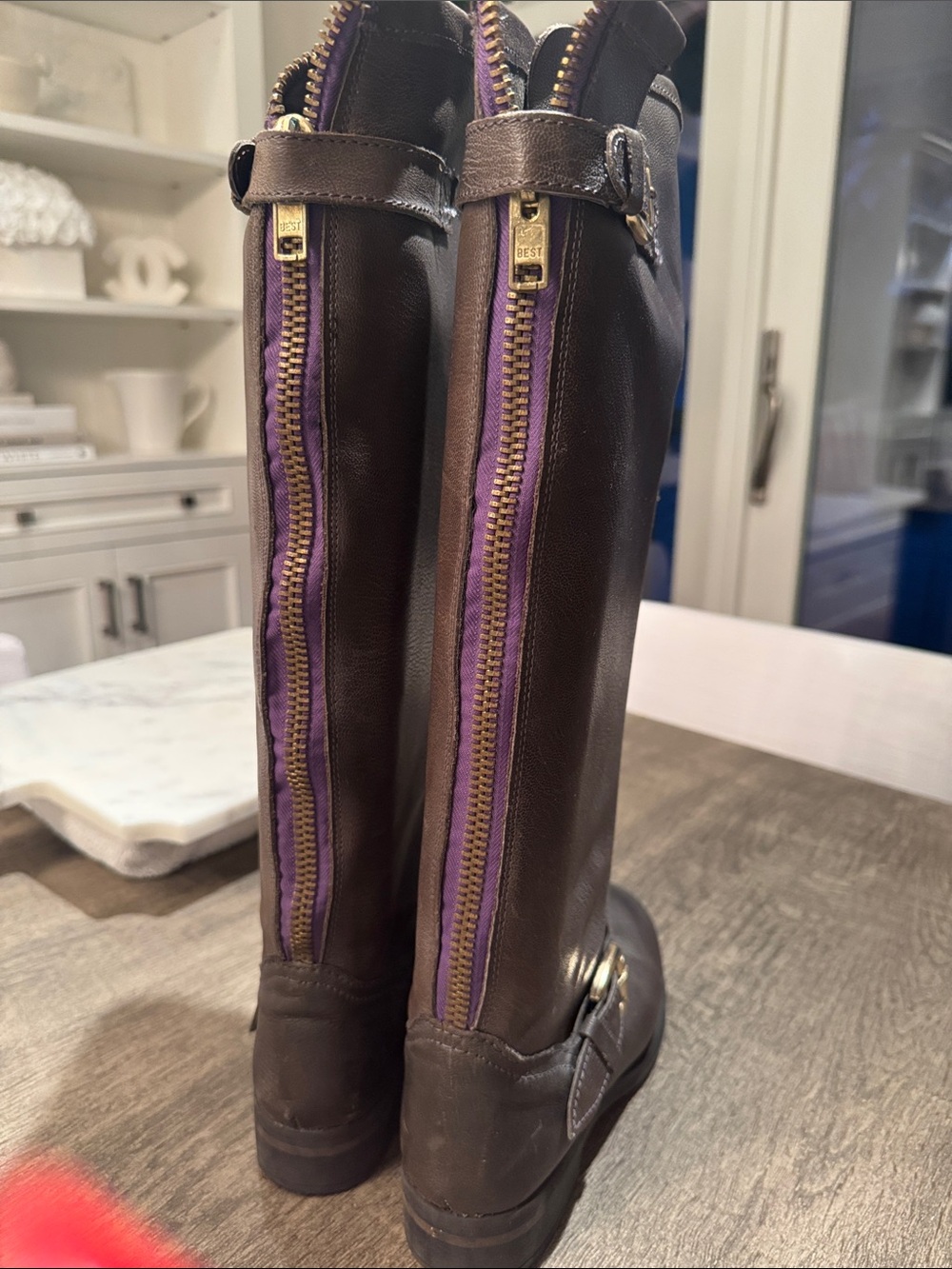 Steve Madden Tall Brown Leather Riding Boots with Purple Back Zippers
